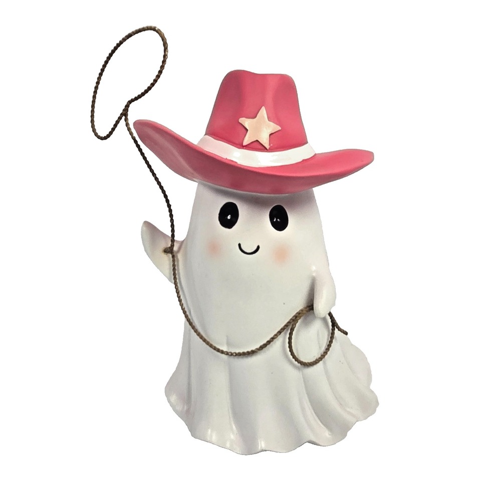 Ghost Cowboy Figurine Pink Hat Lasso White Halloween Decor Resin Statue 8 Inch